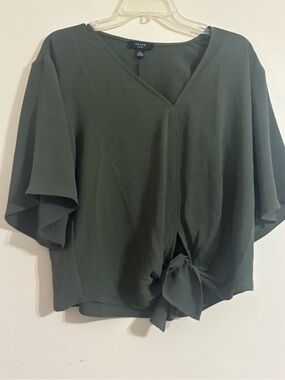 Olive V-Neck Front Tie Blouse S-M Oversized